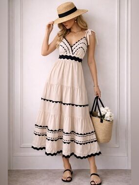 &merci Tiered Babydoll Dress Small Cream Black Trim Tie Shoulder Cottagecore